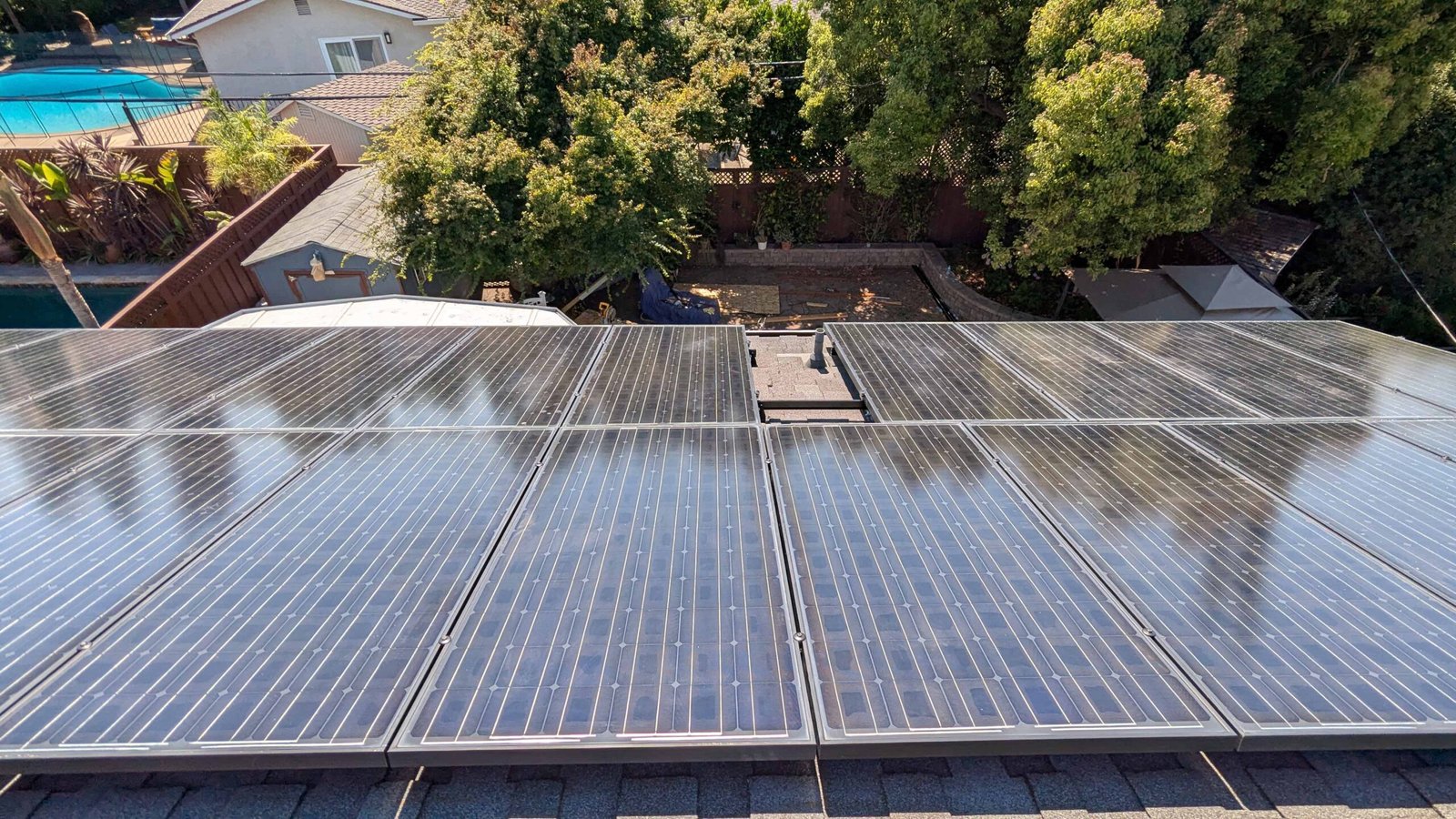 Side view of newly installed residential 8 kW solar panel system by CalPacific Power in San Jose, California, completed in one day with 92% energy offset.