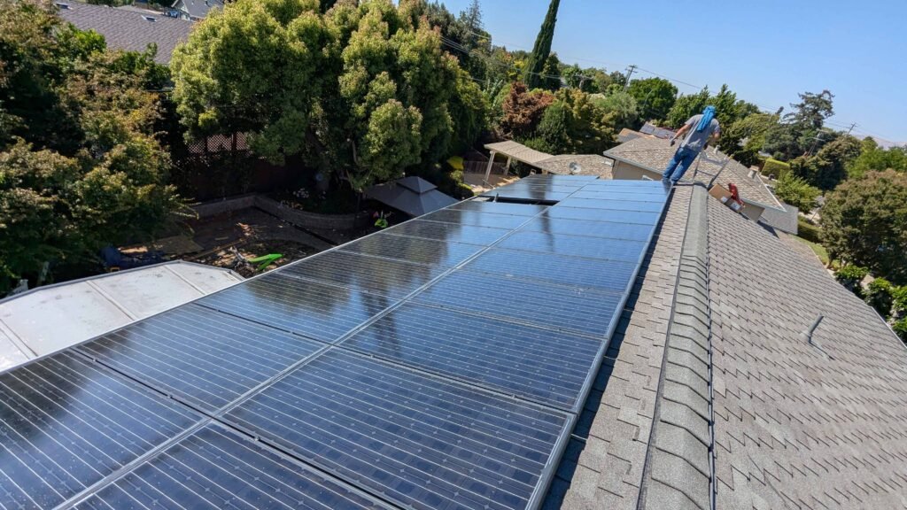 High-efficiency solar panels installed on a residential roof by CalPacific Power in San Jose, California – system completed in one day.