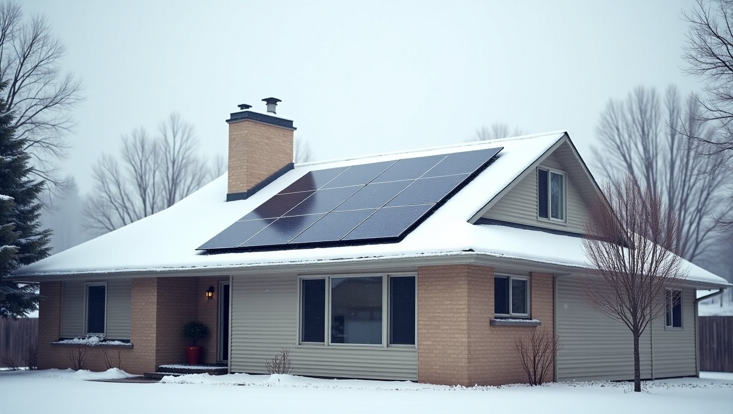 Snow-covered house with rooftop solar panels installed by CalPacific Power, showcasing energy-efficient solar solutions in winter weather conditions.