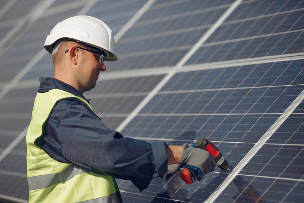 Professional installer drilling solar panels during residential solar installation in Los Gatos by CalPacific Power.
